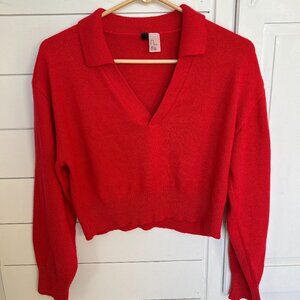 Red Cropped Collared Sweater - lightweight - Medium